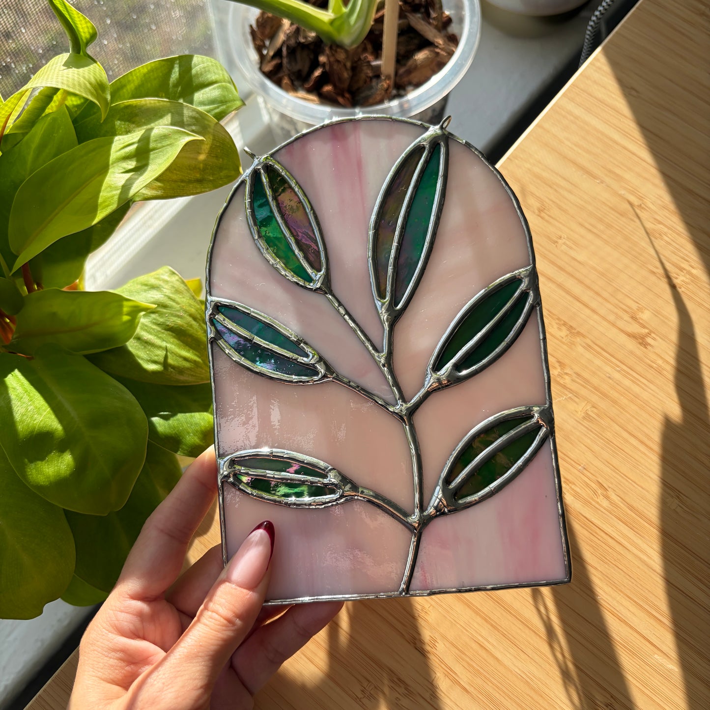 Light Pink Leaves Stained Glass Suncatcher